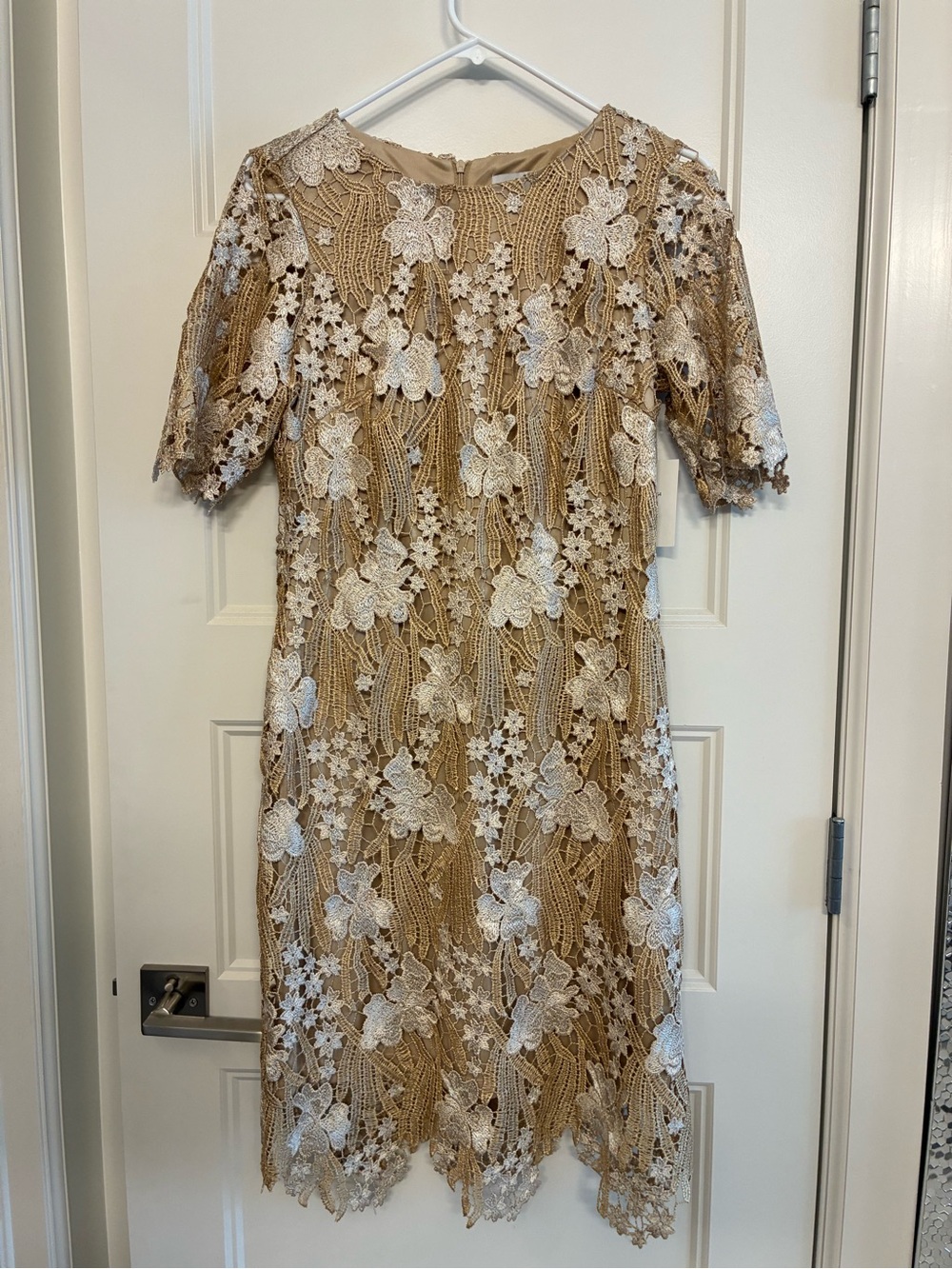 Beige Lace Overlay Dress with White Floral detail Size 8